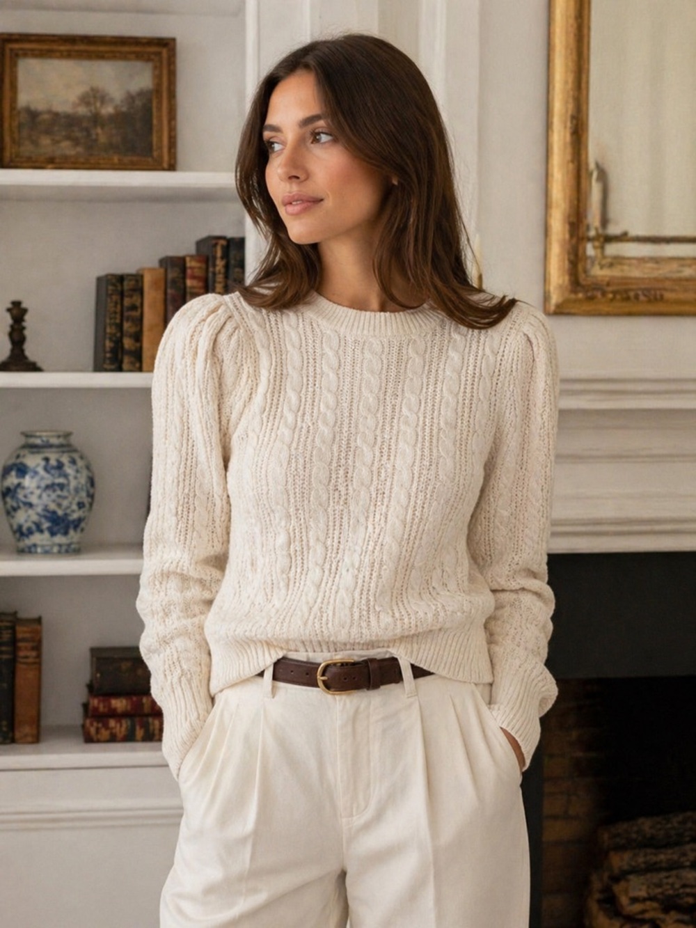Crown & Ivy Cream Cable Knit Puff Sleeve Sweater Size Small Cozy Preppy